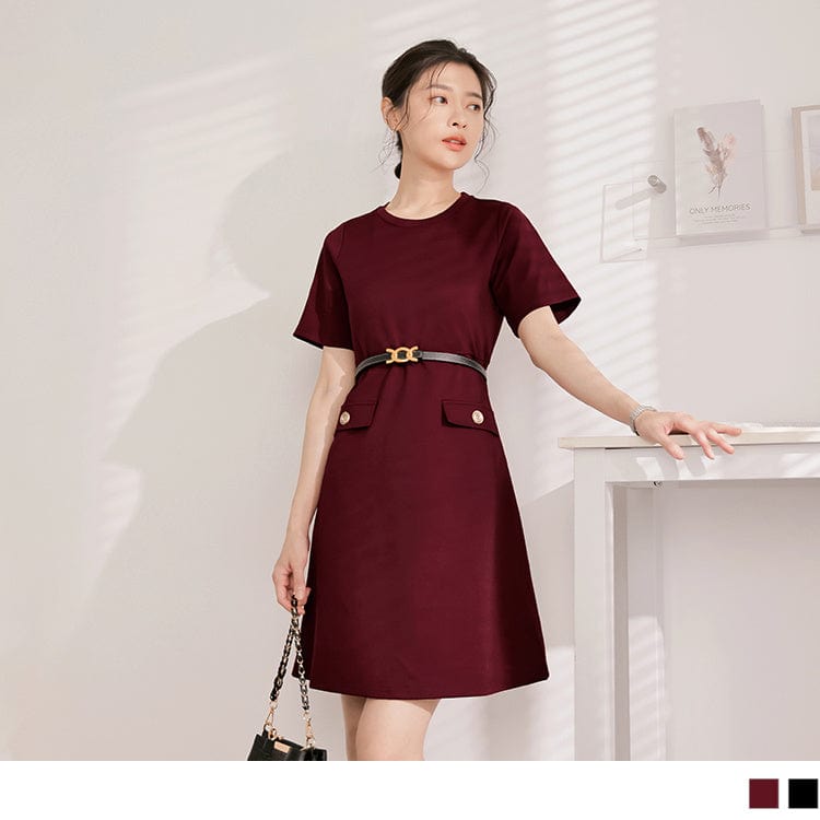 HIGH WAIST SLIM ROUND NECK SHORT SLEEVE MIDI DRESS