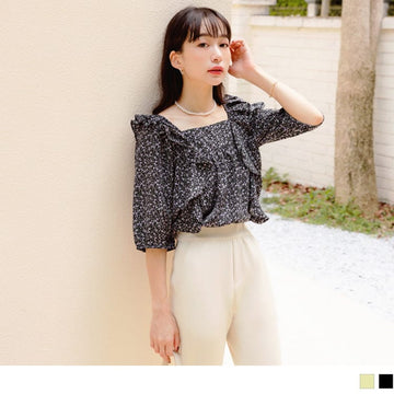 SQUARE NECK FLORAL PRINTED RUFFLE PUFF SLEEVE TOPS