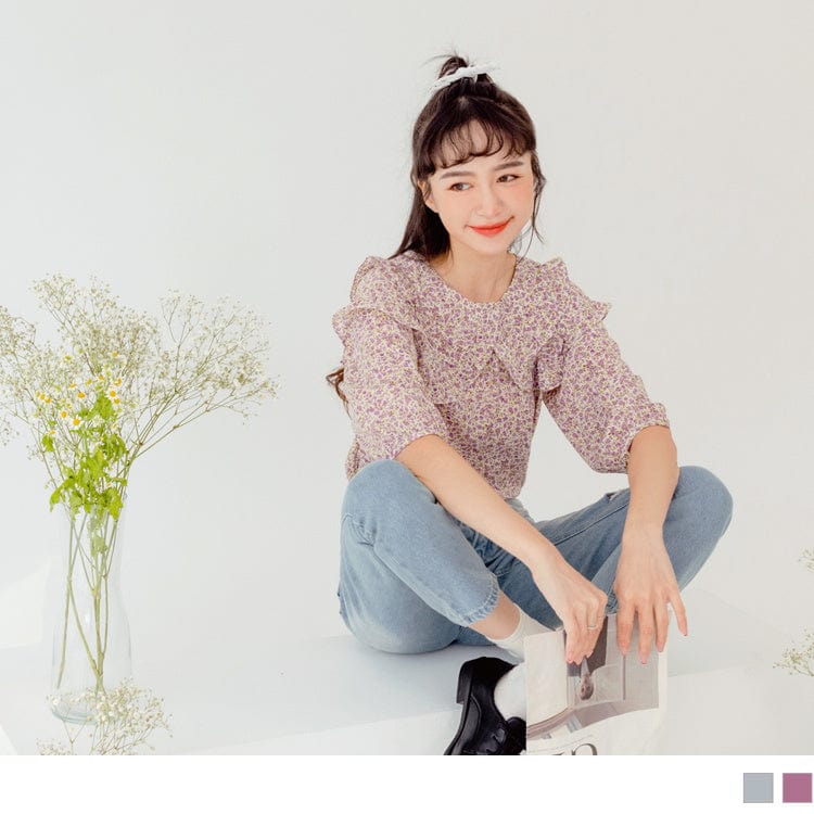 FLORAL PRINTED PUFF SLEEVE LONG SLEEVE RUFFLES TOPS