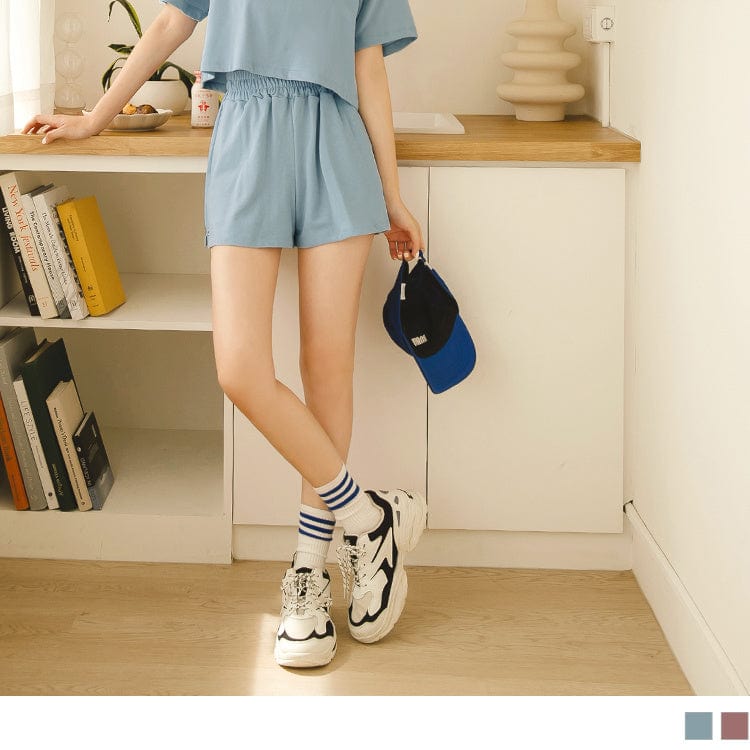 LETTER EMBROIDERED ELASTIC WAIST TUNIC SHORTS