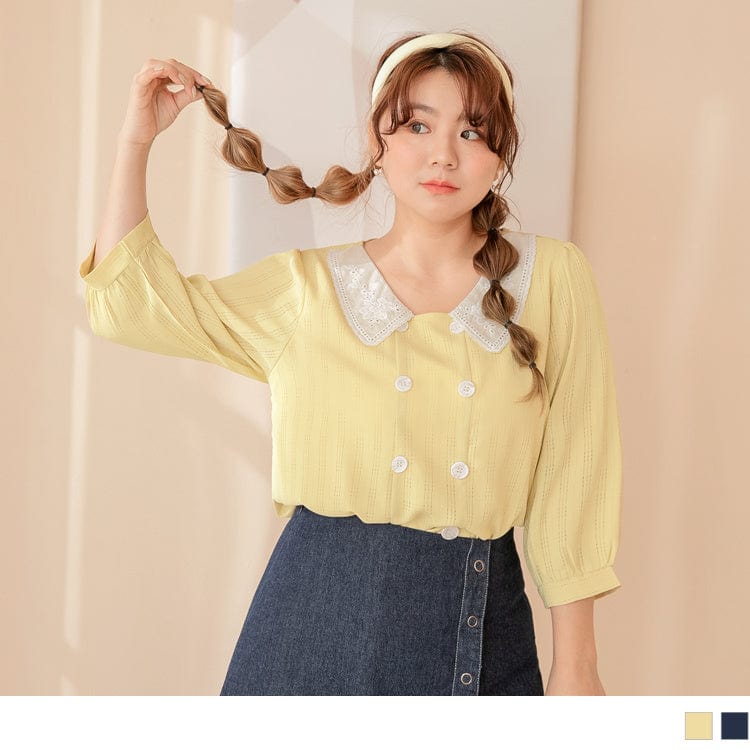 LACE DOUBLE BUTTON CHIFFON 3/4 SLEEVE TOPS