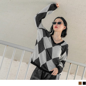 V-NECK CHECKED TRANSPARENT KNIT LONG SLEEVE TOPS