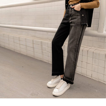 MEDIUM WAIST DENIM STRAIGHT FRAYED HEM LONG PANTS