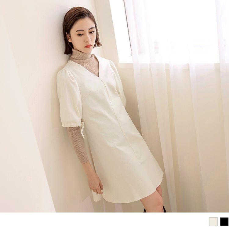 V-NECK COTTON PUFF SLEEVE A-LINE MINI DRESS