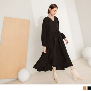 V-NECK LONG SLEEVE ELASTIC WAIST MAXI DRESS