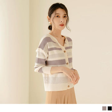 ELEGANT CONTRAST COLOR STRIPED BUTTONS KNIT JACKETS