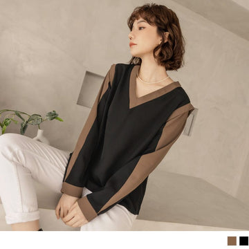 V-NECK CONTRAST COLOR LONG SLEEVE TOPS