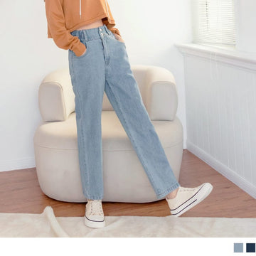 ELASTIC WAIST BUTTON COTTON STRAIGHT DENIM PANTS