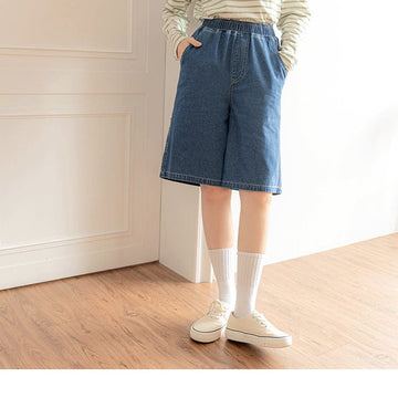 ELASTIC WAIST COTTON POCKETS DENIM SHORTS