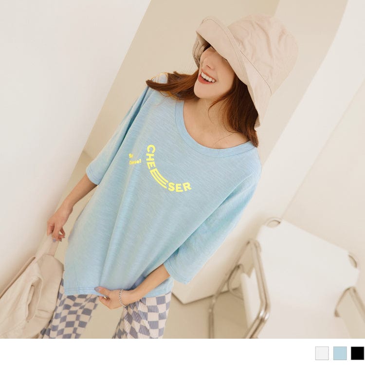 COTTON LETTER PRINTED DROP SHOULDER 3/4 SLEEVE TOPS