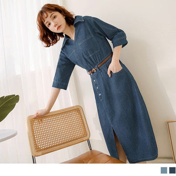 V-NECK COTTON DENIM SHORT SLEEVE MIDI DRESS