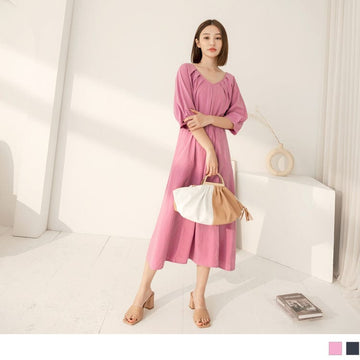 V-NECK COTTON PURE COLOR BATWINGS SLEEVE MAXI DRESS