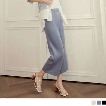 MEDIUM WAIST PURE COLOR KNIT WIDE LEG LONG PANTS