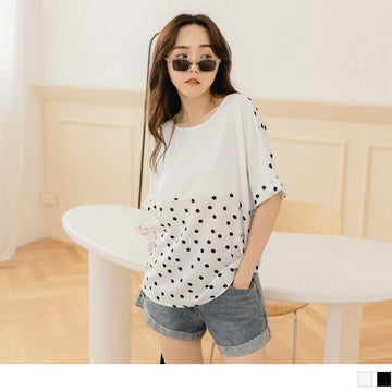 CHIFFON PATCHED SHORT SLEEVE ROUND NECK PRINTED TOPS