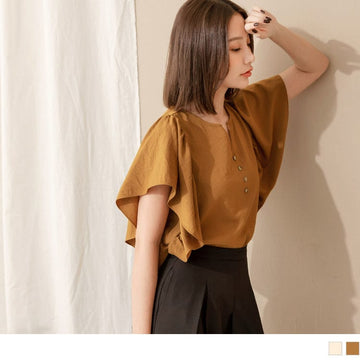 V-NECK RUFFLE SLEEVE SHORT SLEEVE BUTTONS TOPS