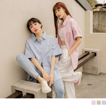 COTTON PLAIN SHORT SLEEVE LONGLINE SHIRTS