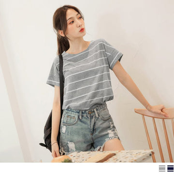 COTTON STRIPED SHORT SLEEVE ROUND NECK TOPS