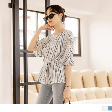 STRIPED ELASTIC WAIST ROUND NECK SHORT SLEEVE TOPS