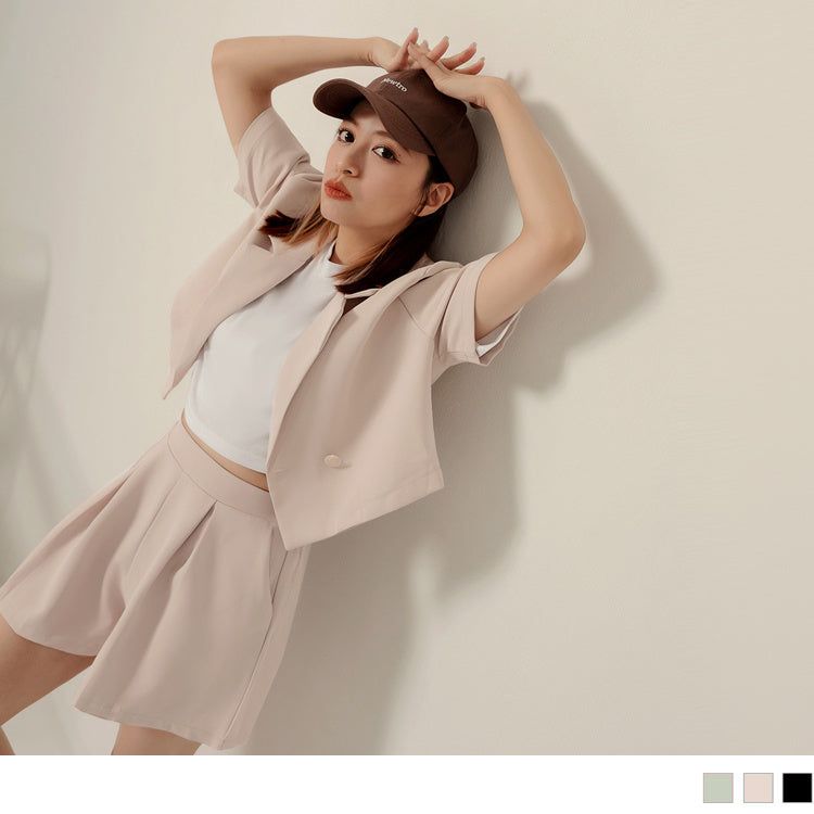 (TW STOCK) OB STYLE | V-NECK SUIT COLLAR SHORT SLEEVE TOPS + WIDE LEG SHORTS | 3 COLOR | F SIZE | PLUS SIZE