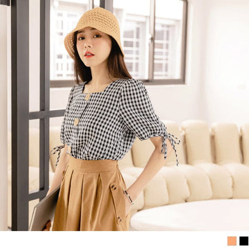 SQUARE NECK CHECKED SHORT SLEEVE PUFF SLEEVE TOPS