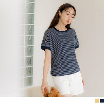 ROUND NECK BATWINGS SLEEVE STRIPED COTTON TOPS