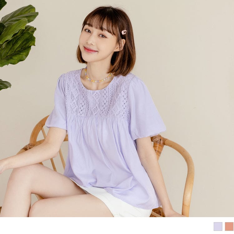 ELEGANT LACE PATCHED PUFF SLEEVE A-LINE TOPS