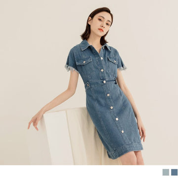 DROP SHOULDER DENIM COTTON H-LINE MIDI DRESS