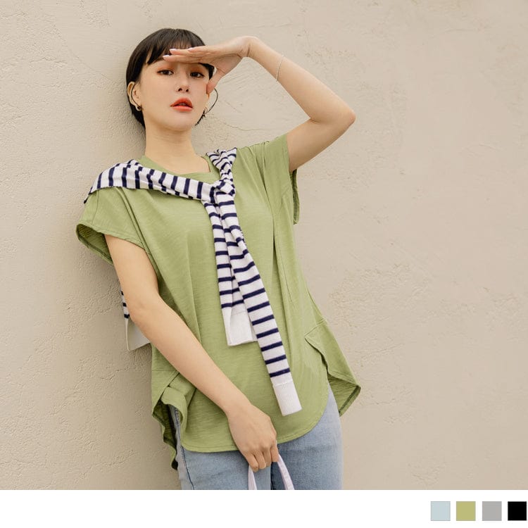 ROUND NECK BATWINGS SLEEVE LONGLINE COTTON TOPS
