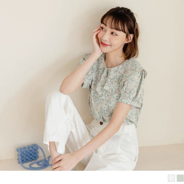 CHIFFON FLORAL PRINTED RUFFLES COLLAR TOPS