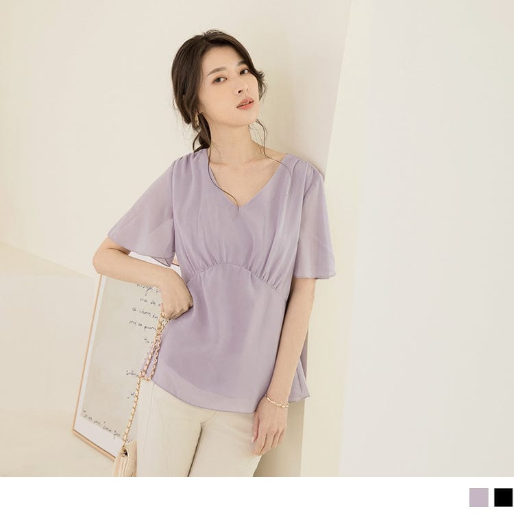 V-NECK PURE COLOR A-LINE SHORT SLEEVE TOPS