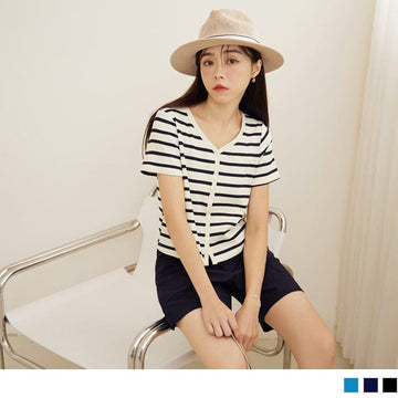 V-NECK SHORT SLEEVE STRIPED BUTTONS TOPS