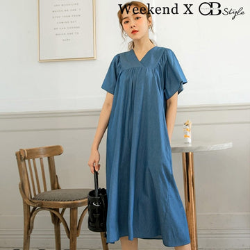 WEEKEND X OB DESIGN V-NECK DENIM A-LINE MIDI DRESS