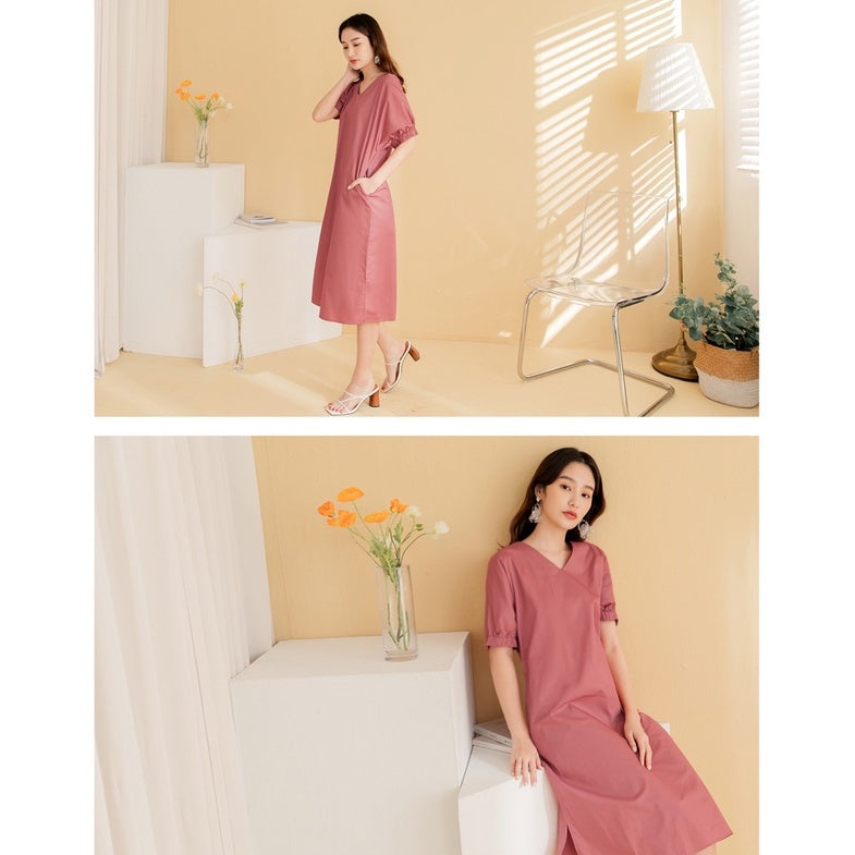 (SG STOCK) WEEKEND X OB DESIGN CASUAL WORK WOMEN CLOTHES PUFF SLEEVE SIDE SLIT MIDI DRESS 2 COLORS S-XXXL SIZE PLUS SIZE