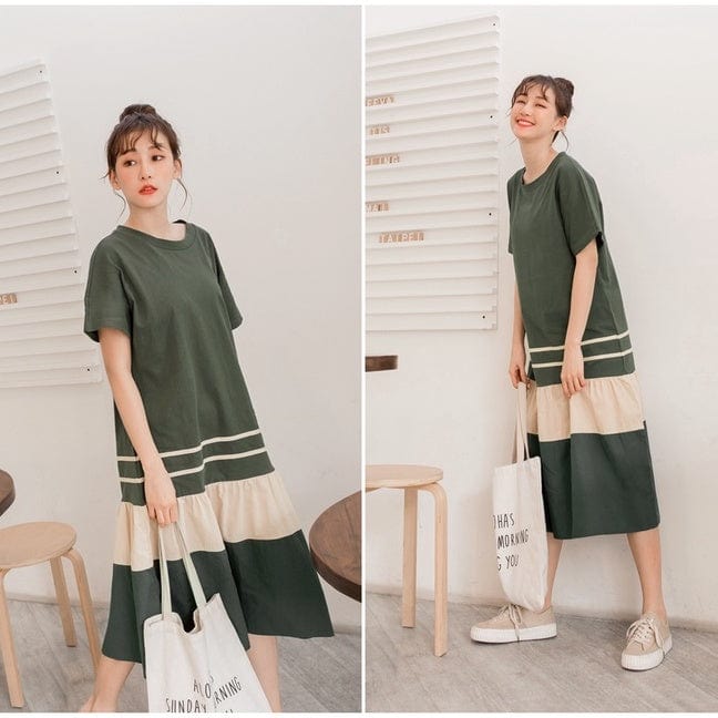 WEEKEND X OB DESIGN COLOR BLOCK LONG LOOSE MAXI TIERED SWING DRESS