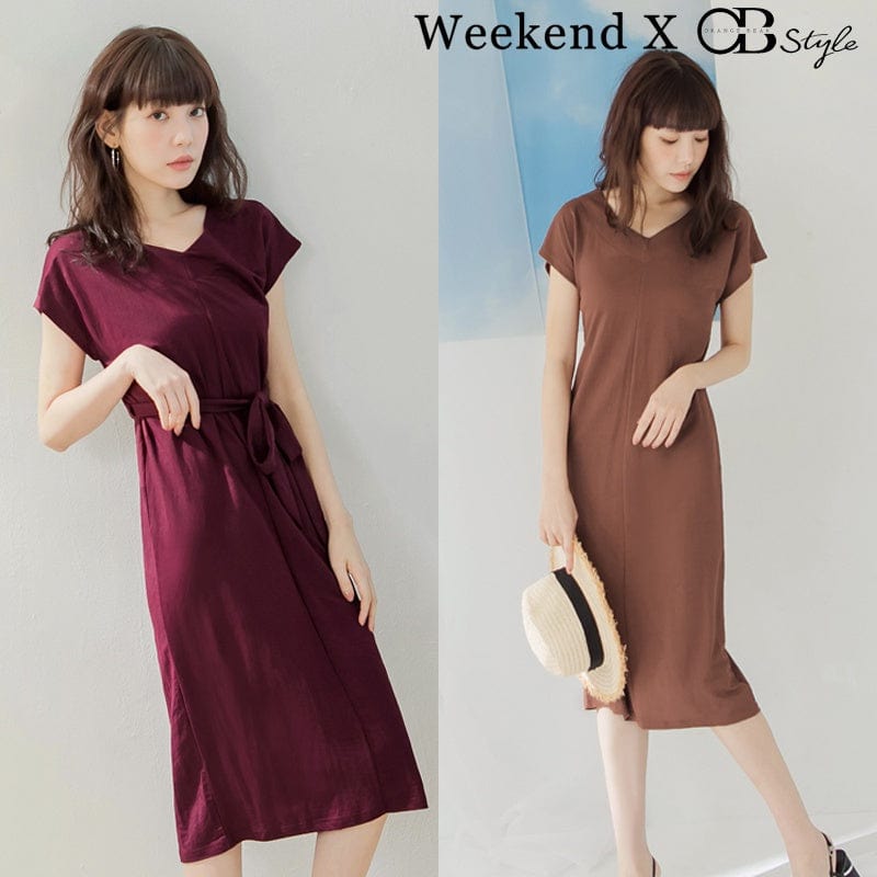 WEEKEND X OB DESIGN SHORTS SLEEVE WASIT BANDAGE MIDI DRESS