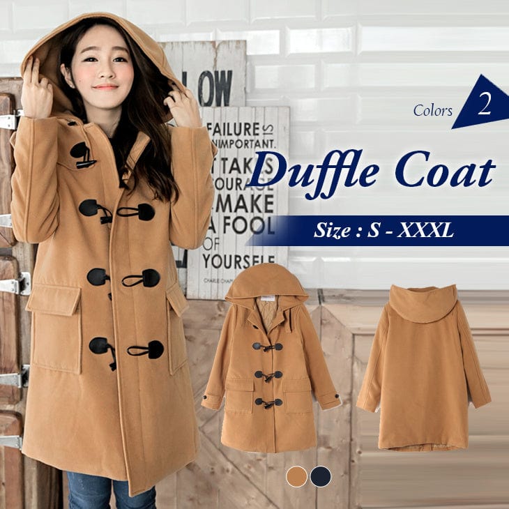 WOOLEN LONG SLEEVE HOODED DUFFLE COAT