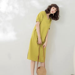 (SG STOCK) WEEKEND X OB DESIGN CASUAL WORK WOMEN CLOTHES PUFF SLEEVE SIDE SLIT MIDI DRESS 2 COLORS S-XXXL SIZE PLUS SIZE
