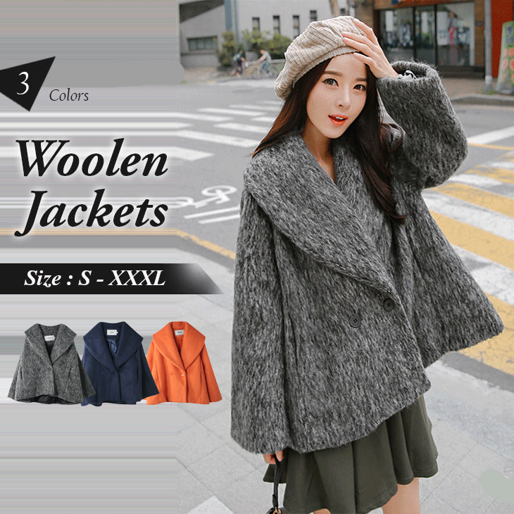 (TW STOCK) OB STYLE | SOLID DOUBLE-BUTTON LAPEL WIDE SLEEVES WOOLEN JACKETS | S-XXXXL SI