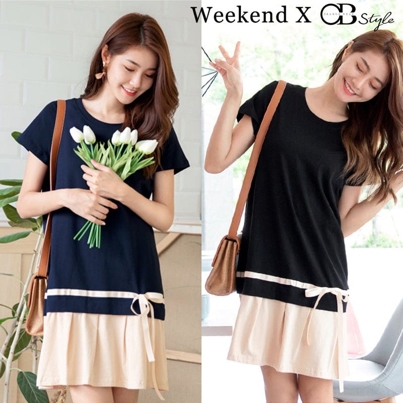 WEEKEND X OB DESIGN ROUND NECK SPLICE STRAPS HEM MIDI DRESS