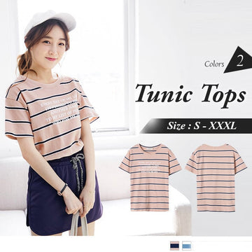 COTTON CASUAL LETTERS PRINTED STRIPED TUNIC TOPS