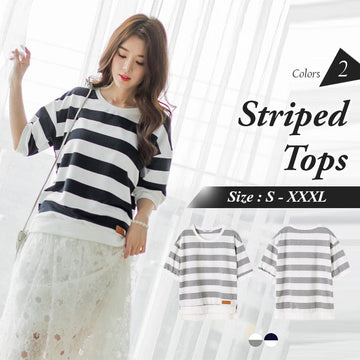 SIDE SLITS STRIPED RIBBED TRIM TOPS