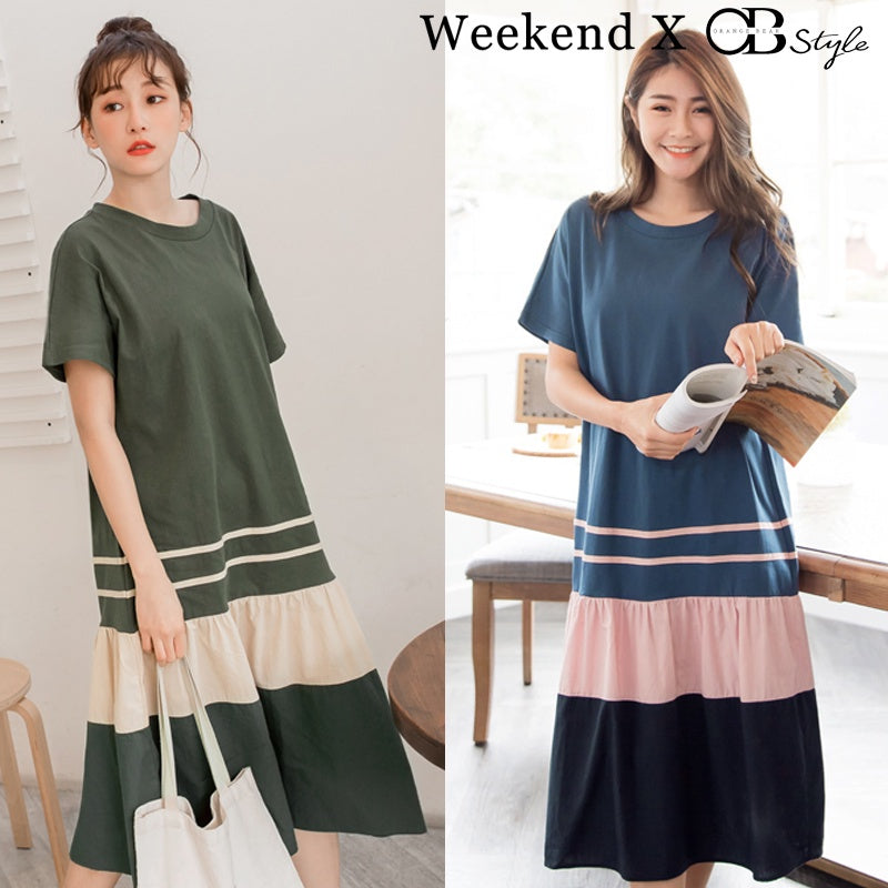 (SG STOCK) WEEKEND X OB DESIGN CASUAL WOMEN CLOTHES COLOR BLOCK LONG LOOSE MAXI TIERED SWING DRESS S-XXXL PLUS SIZE