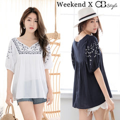 (SG STOCK) WEEKEND X OB DESIGN CASUAL WOMEN SHORT SLEEVE EMBROIDERED COTTON BLOUSE SHIRT TOP S-XXXL PLUS SIZE