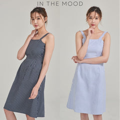 (SG STOCK) IN THE MOOD CASUAL WORK WOMEN CLOTHES SLEEVELESS STRAP BUTTONED STRIPED MIDI DRESS S-XL SIZE