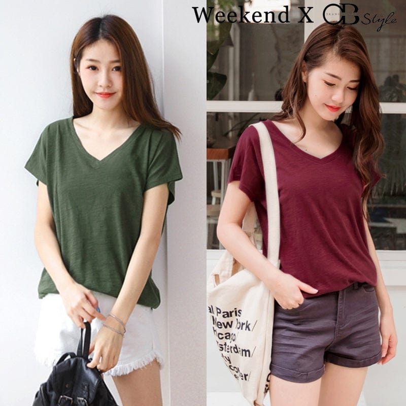 WEEKEND X OB DESIGN V-NECK BASIC BAMBOO COTTON T-SHIRT YOGA TOP