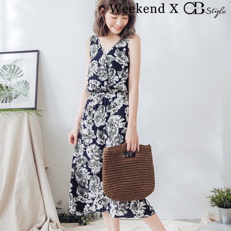 WEEKEND X OB DESIGN SLEEVELESS V-NECK ELASTIC WAIST MAXI DRESS