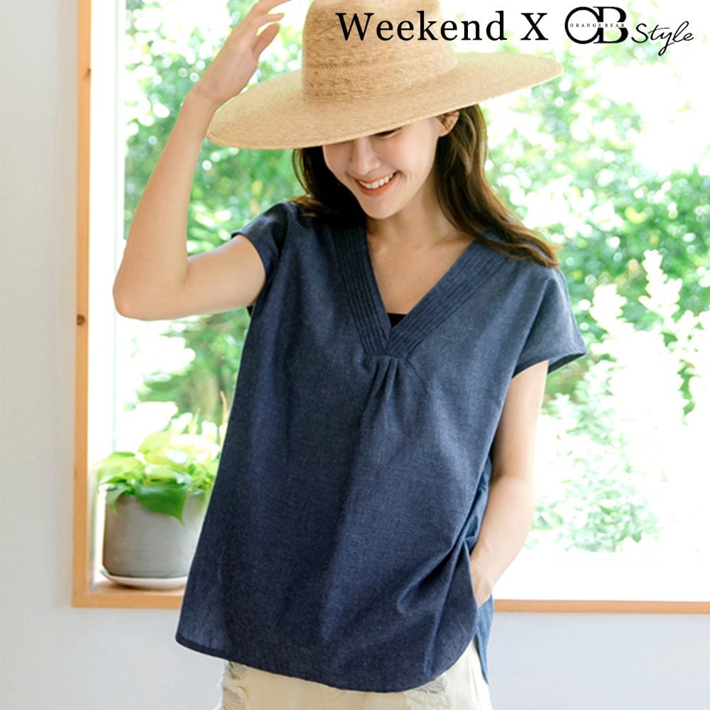 WEEKEND X OB DESIGN DENIM PLEATED LOOSE BLOUSE SHIRT TOPS