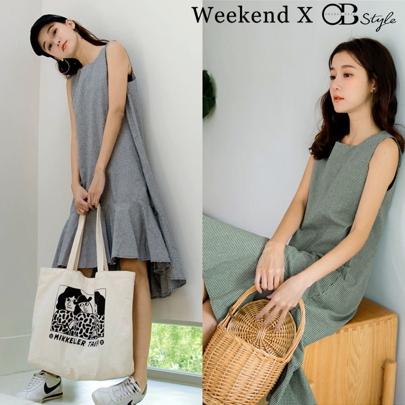 WEEKEND X OB DESIGN CHECKED RUFFLE DIP HEM MIDI DRESS