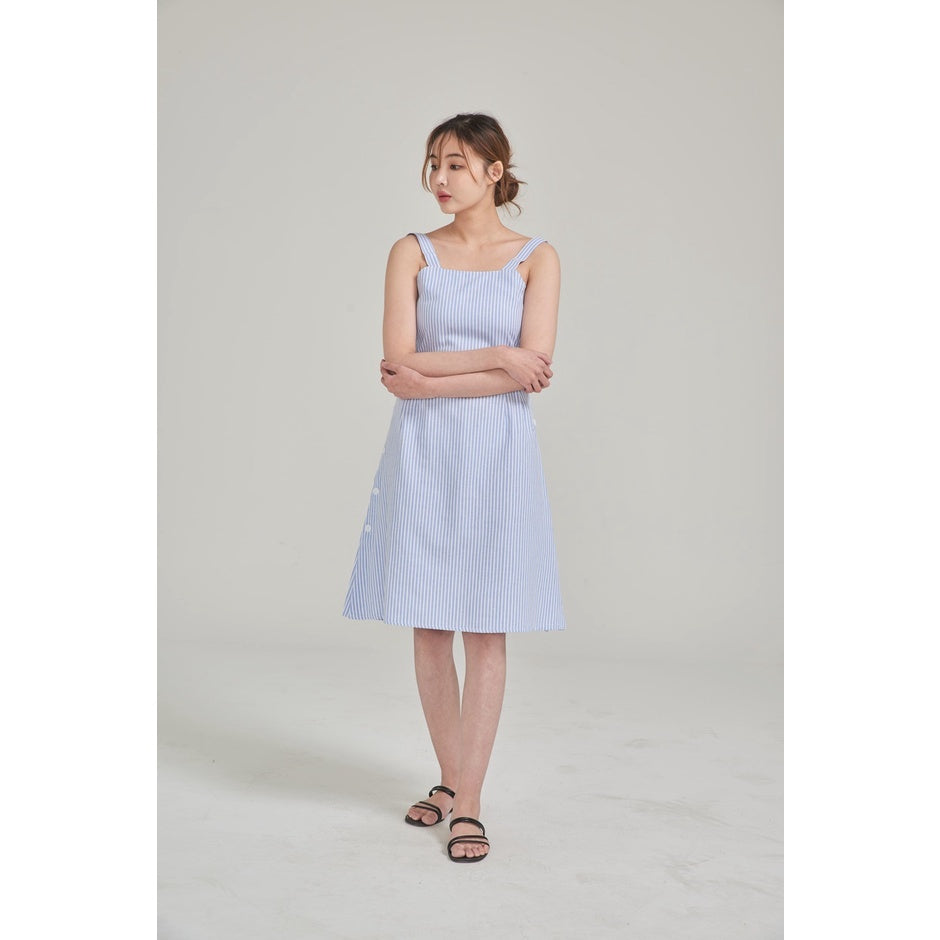 (SG STOCK) IN THE MOOD CASUAL WORK WOMEN CLOTHES SLEEVELESS STRAP BUTTONED STRIPED MIDI DRESS S-XL SIZE