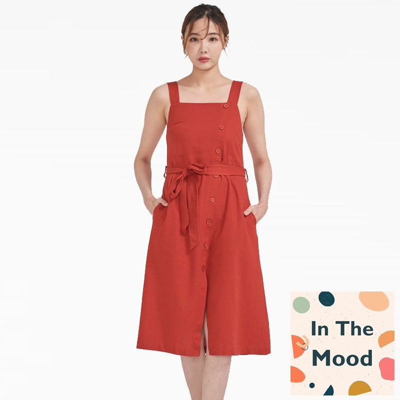 (SG STOCK) IN THE MOOD CASUAL WOMEN CLOTHES STRAP SLEEVELESS LINEN BUTTON MIDI DRESS S-XL SIZE